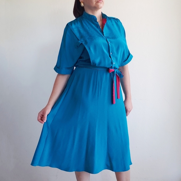 Vintage 80's Blouson Midi Dress 7/8 Turquoise - Picture 5 of 12